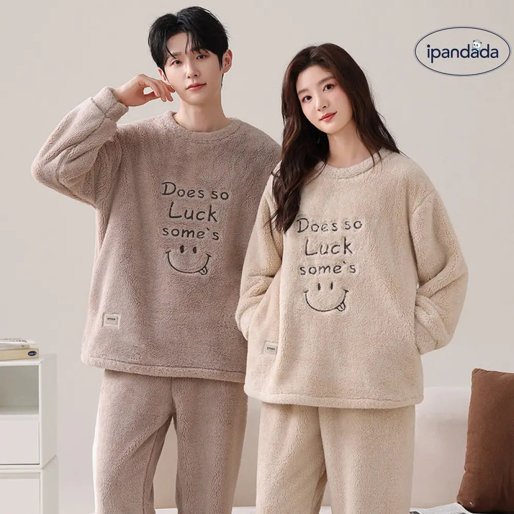 コーラルフリース カップル パジャマ 秋冬 厚手 韓国風 保温 ラウンドネック プルオーバー ルームウェア セット ID3752