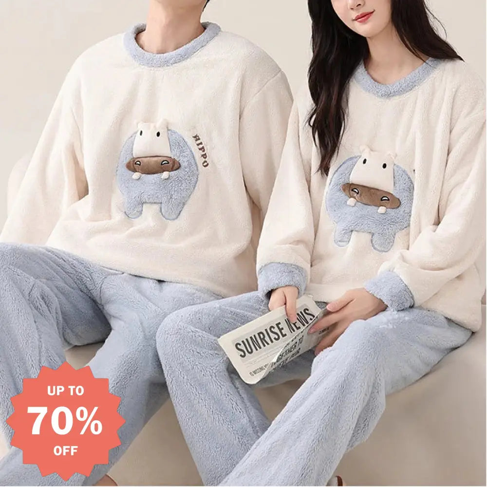 コーラルフリース カップル パジャマ 秋冬 厚手 韓国風 保温 ラウンドネック プルオーバー ルームウェア セット ID3752 タイプ① / レディースＭ