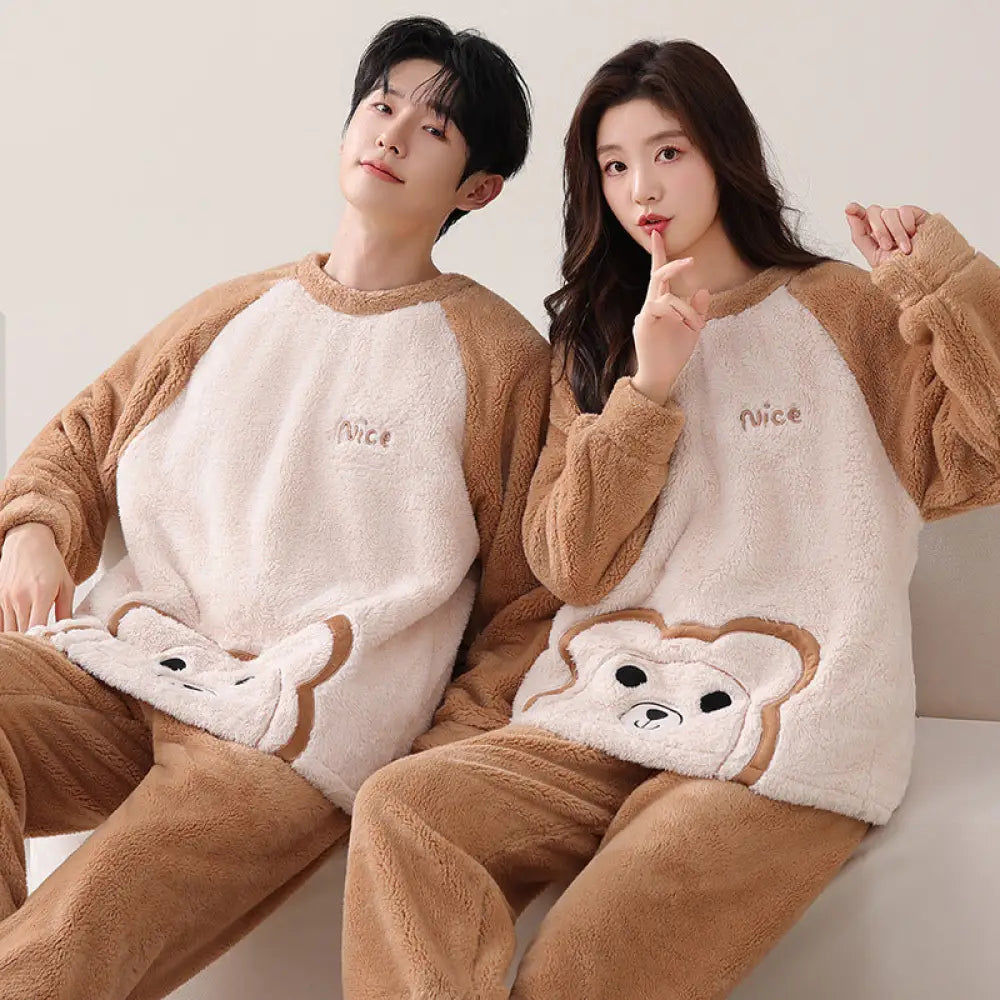 コーラルフリース カップル パジャマ 秋冬 厚手 韓国風 保温 ラウンドネック プルオーバー ルームウェア セット ID3752 タイプ③ / レディースＭ