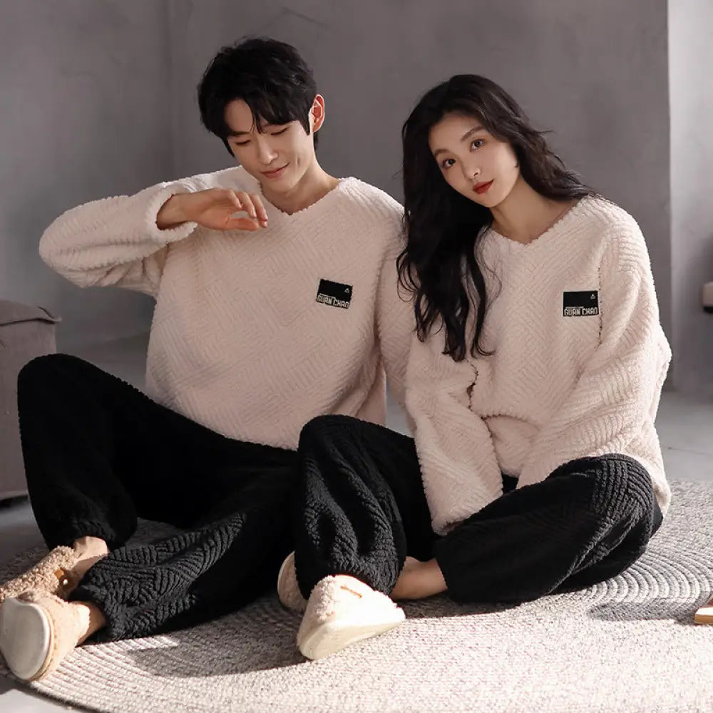 フリース カップル パジャマ レディース 冬用 ペア お揃い 暖かい フリース 厚手 新作 メンズ 長袖 ルームウェア セットアップ ID3862 タイプ① / レディースＭ コーディネート＞ペアルック
