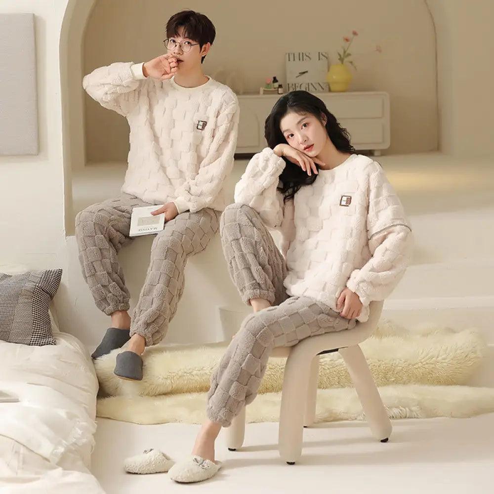 フリース カップル パジャマ レディース 冬用 ペア お揃い 暖かい フリース 厚手 新作 メンズ 長袖 ルームウェア セットアップ ID3862 タイプ② / レディースＭ コーディネート＞ペアルック