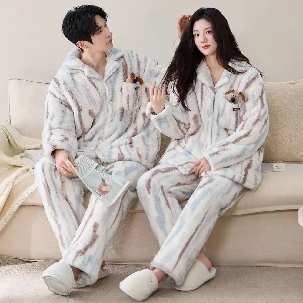 フリース カップル パジャマ レディース 秋冬用 厚手 保温 メンズ ルームウェア ID3308 写真通り / レディースＭ