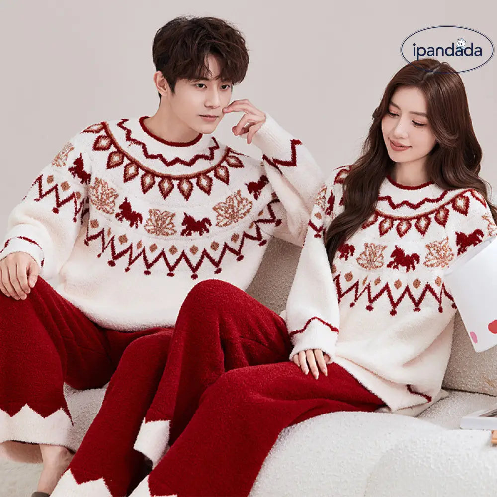 フリース カップル用 パジャマ 男女兼用 赤い ジャガード 厚手 暖かい ふわふわ ルームウェア ID3695