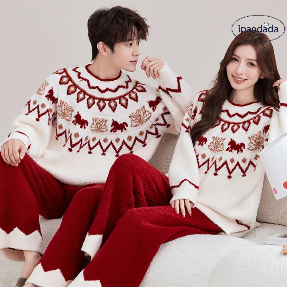 フリース カップル用 パジャマ 男女兼用 赤い ジャガード 厚手 暖かい ふわふわ ルームウェア ID3695