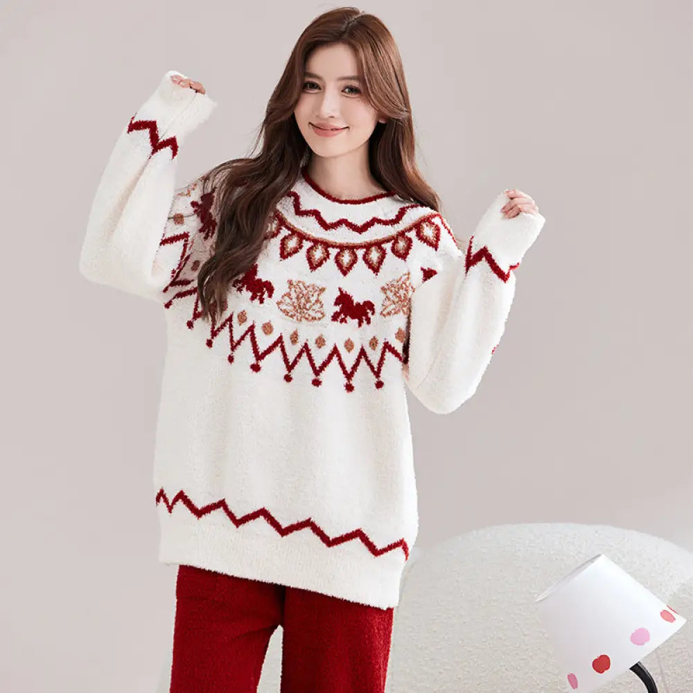 フリース カップル用 パジャマ 男女兼用 赤い ジャガード 厚手 暖かい ふわふわ ルームウェア ID3695 写真通り / 女性用フリー