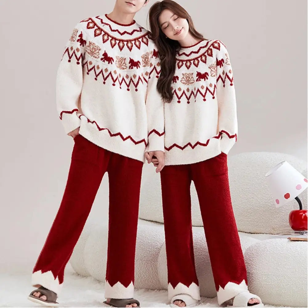 フリース カップル用 パジャマ 男女兼用 赤い ジャガード 厚手 暖かい ふわふわ ルームウェア ID3695