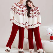 フリース カップル用 パジャマ 男女兼用 赤い ジャガード 厚手 暖かい ふわふわ ルームウェア ID3695