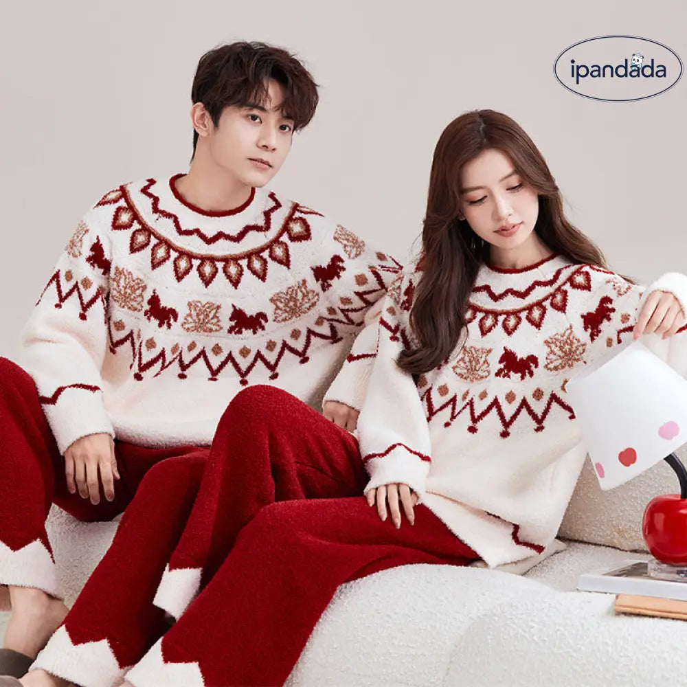 フリース カップル用 パジャマ 男女兼用 赤い ジャガード 厚手 暖かい ふわふわ ルームウェア ID3695