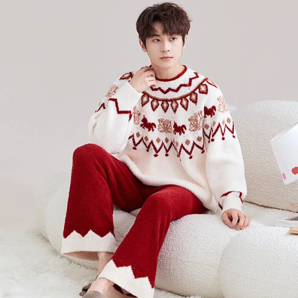 フリース カップル用 パジャマ 男女兼用 赤い ジャガード 厚手 暖かい ふわふわ ルームウェア ID3695 写真通り / 男性用フリー