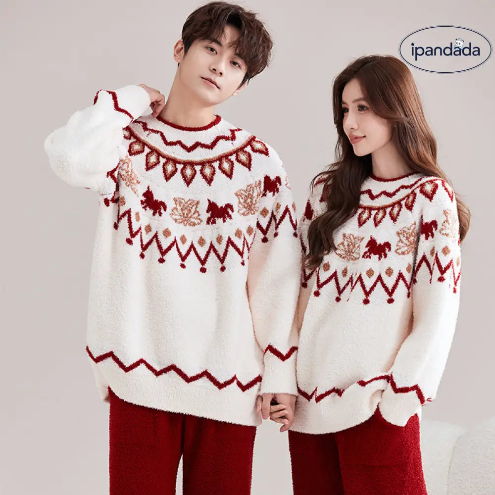 フリース カップル用 パジャマ 男女兼用 赤い ジャガード 厚手 暖かい ふわふわ ルームウェア ID3695