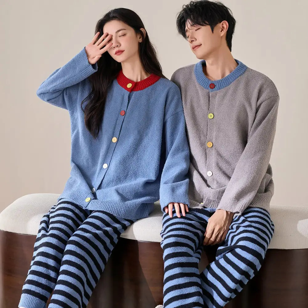 フリース カップルパジャマ 冬 厚手 保温 セーター ラウンドネック カーディガン おしゃれ カジュアル ルームウェア ID3712 タイプ② / レディースＭ