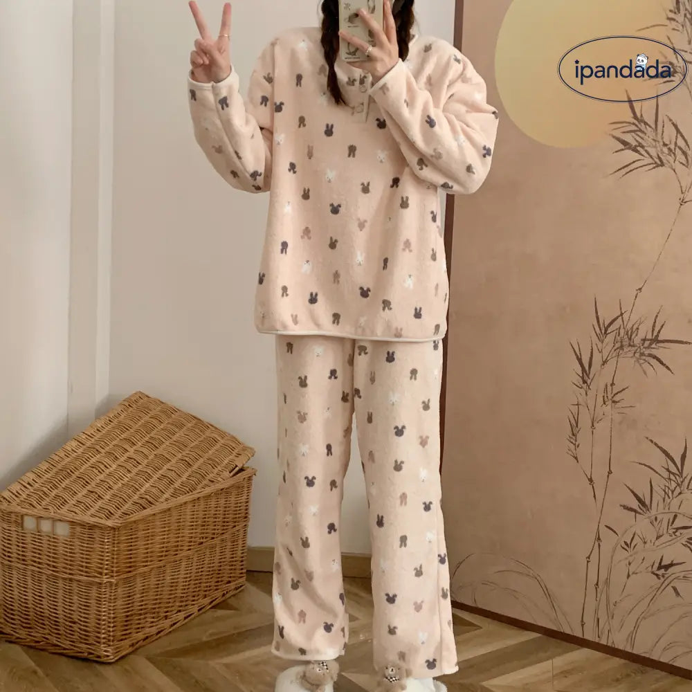 フリース かわいい ガールズ フランネル パジャマ 秋冬 シーズン ヒョウ柄 厚手 保温 長袖 ルームウェア セット ID2705