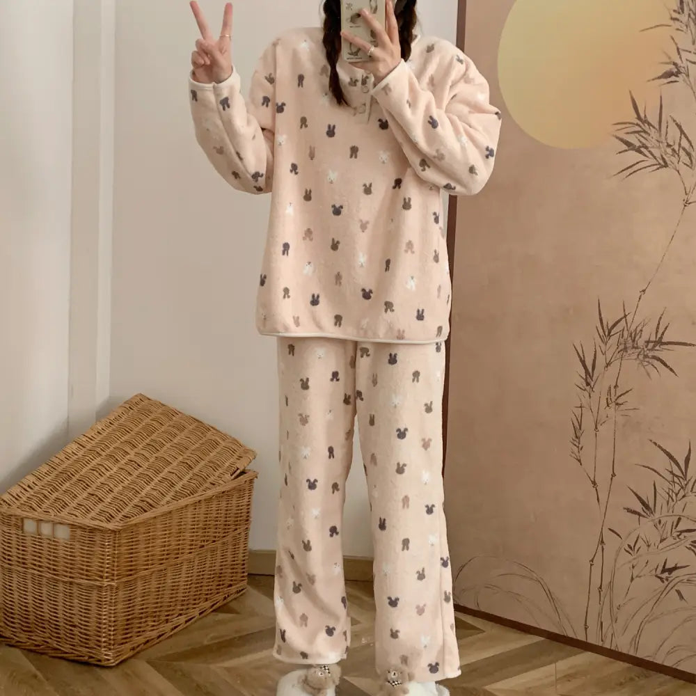 フリース かわいい ガールズ フランネル パジャマ 秋冬 シーズン ヒョウ柄 厚手 保温 長袖 ルームウェア セット ID2705 タイプ② / M