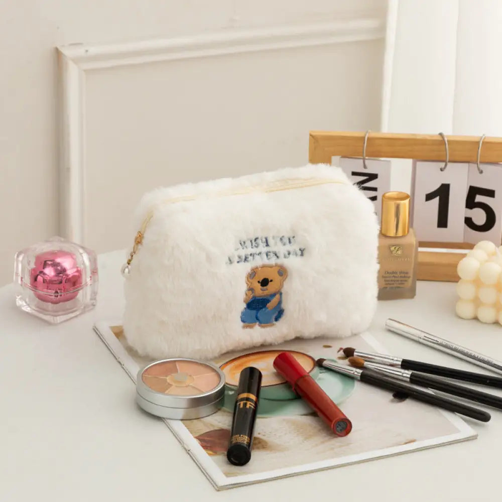 フリース メイクポーチ かわいいクマ型 携帯用 収納 洗面用具ポーチ 女子向け 大容量 刺繍バッグ ID3559 タイプ② / 21*15*4cm