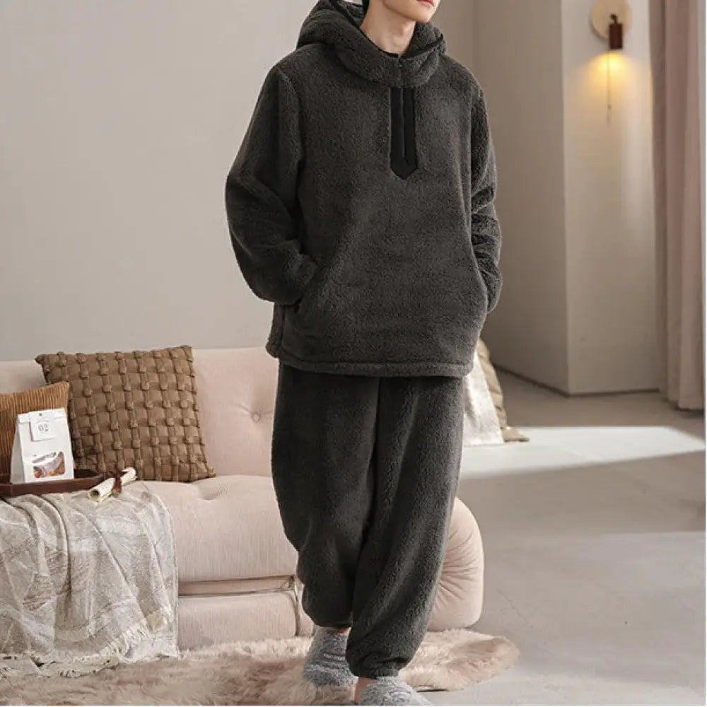 フリース メンズ パジャマ 秋冬 厚手 フリース 保温 ルームウェア セットアップ ID3361 ダークグレー / L