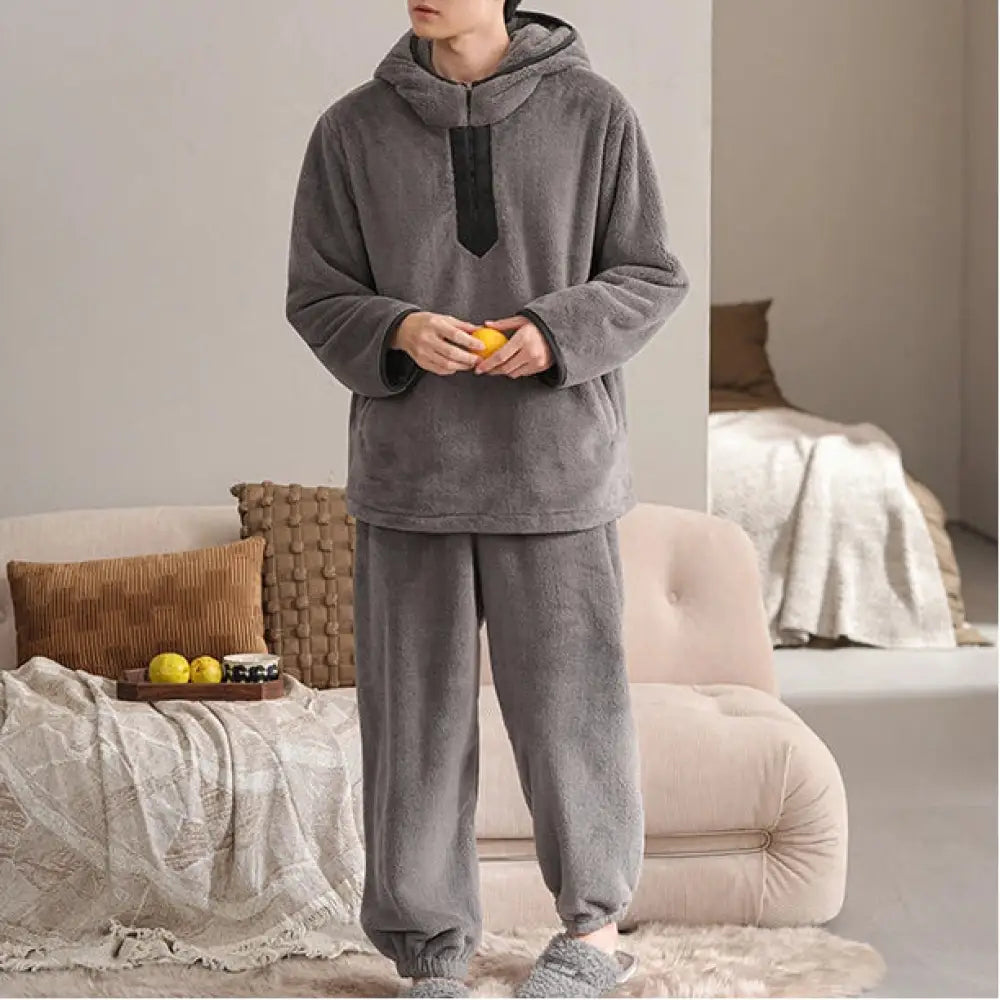 フリース メンズ パジャマ 秋冬 厚手 フリース 保温 ルームウェア セットアップ ID3361 グレー / L