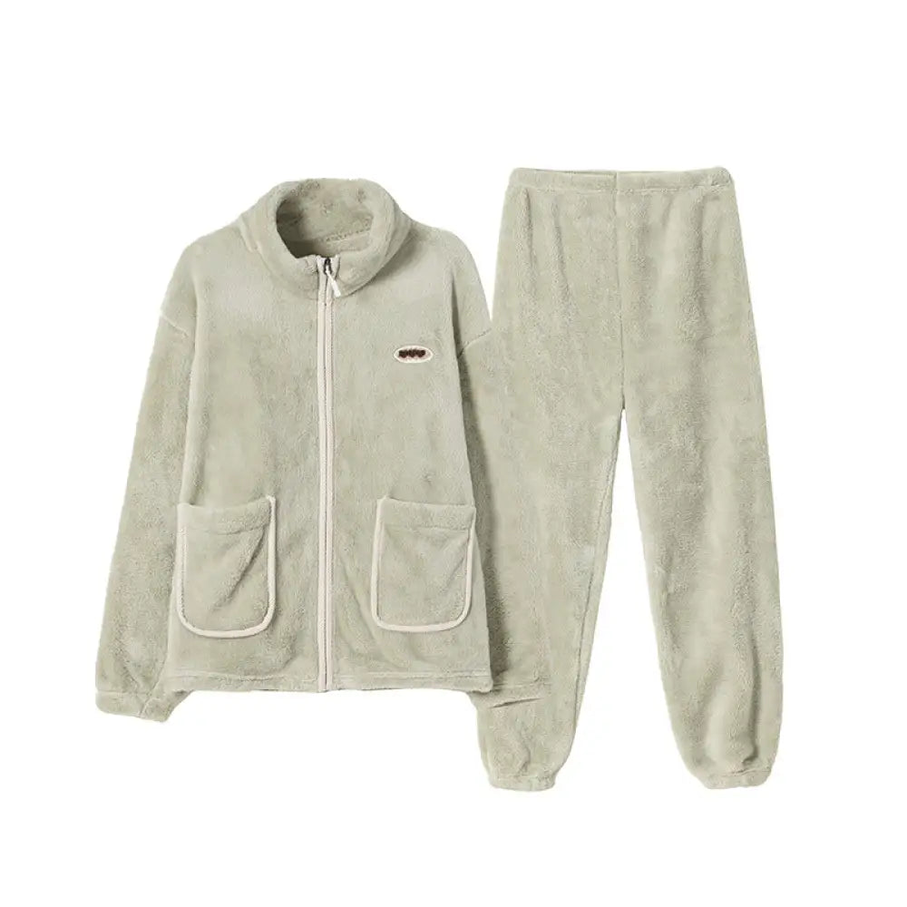 フリース パジャマ 男女兼用 秋冬シーズン 起毛 厚手 フランネル 保温 ルームウェア セットアップ ID2807 グリーン / レディースL