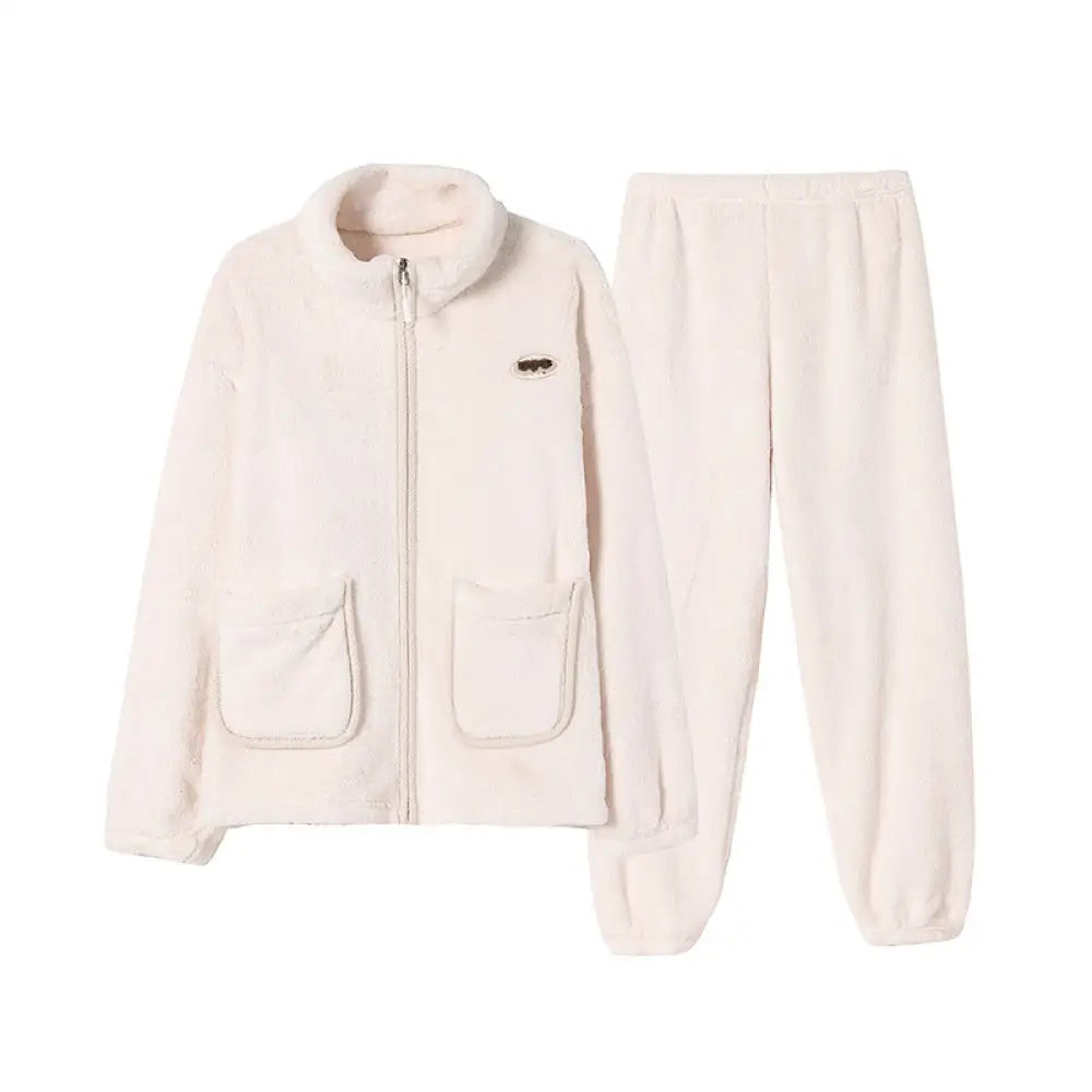 フリース パジャマ 男女兼用 秋冬シーズン 起毛 厚手 フランネル 保温 ルームウェア セットアップ ID2807 ホワイト / レディースL