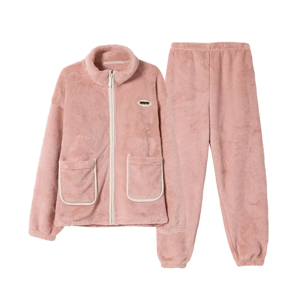 フリース パジャマ 男女兼用 秋冬シーズン 起毛 厚手 フランネル 保温 ルームウェア セットアップ ID2807 ピンク / レディースL