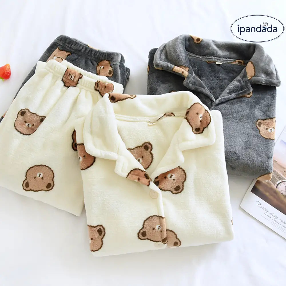 フリース パジャマ 男女 秋冬 韓国版 小熊 大きいサイズ カップル 加厚 コーラルフリース ルームウェア ID2939