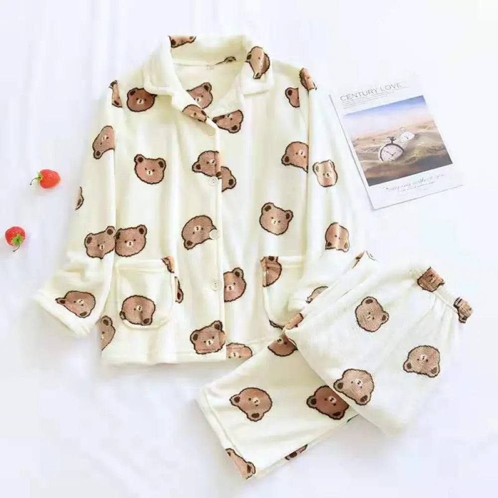 フリース パジャマ 男女 秋冬 韓国版 小熊 大きいサイズ カップル 加厚 コーラルフリース ルームウェア ID2939 女性 アイボリー / M