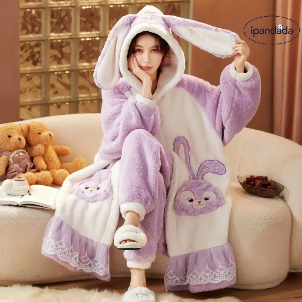 フリースパジャマ 女性 冬用 裏起毛 厚手 ロング 可愛い 秋冬 女性用 ガウン ルームウェア セット ID2784
