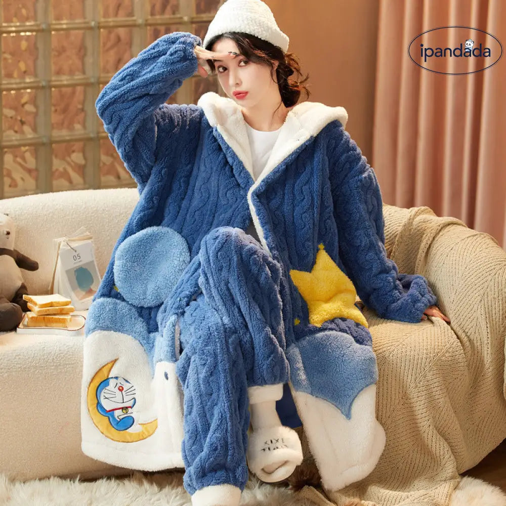 フリースパジャマ 女性 冬用 裏起毛 厚手 ロング 可愛い 秋冬 女性用 ガウン ルームウェア セット ID2784