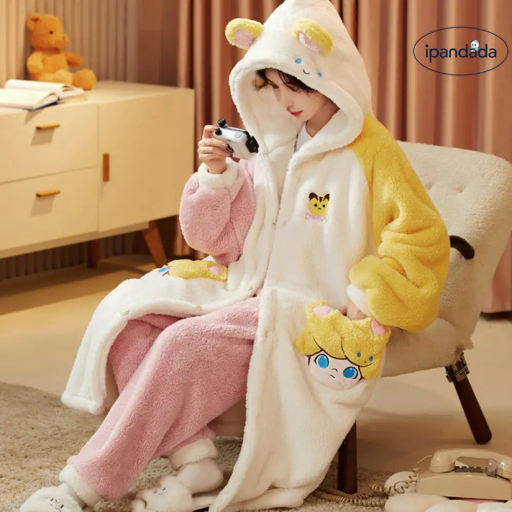 フリースパジャマ 女性 冬用 裏起毛 厚手 ロング 可愛い 秋冬 女性用 ガウン ルームウェア セット ID2784