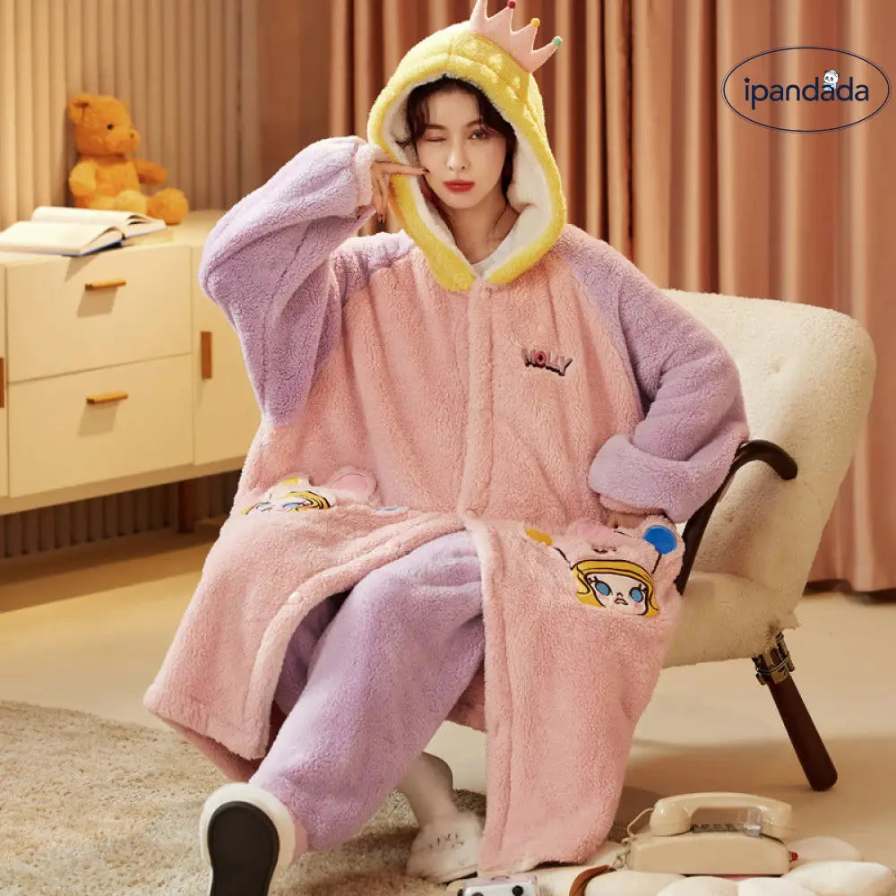フリースパジャマ 女性 冬用 裏起毛 厚手 ロング 可愛い 秋冬 女性用 ガウン ルームウェア セット ID2784