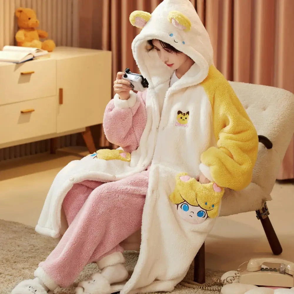 フリースパジャマ 女性 冬用 裏起毛 厚手 ロング 可愛い 秋冬 女性用 ガウン ルームウェア セット ID2784 タイプ② / M