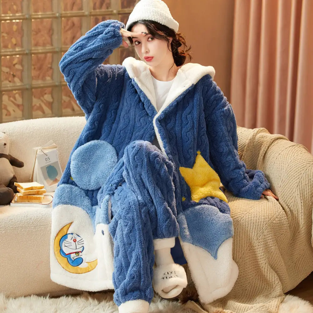 フリースパジャマ 女性 冬用 裏起毛 厚手 ロング 可愛い 秋冬 女性用 ガウン ルームウェア セット ID2784 タイプ⑥ / M