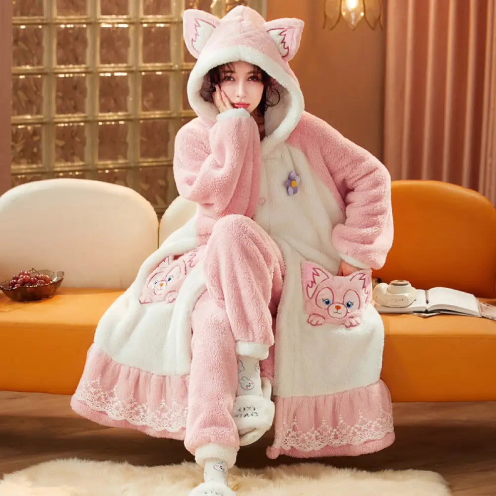 フリースパジャマ 女性 冬用 裏起毛 厚手 ロング 可愛い 秋冬 女性用 ガウン ルームウェア セット ID2784 タイプ⑤ / M