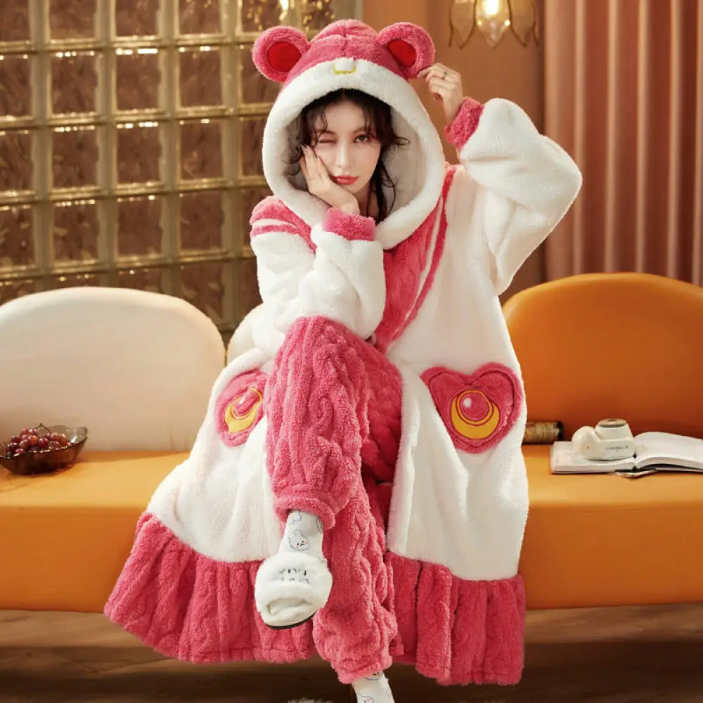 フリースパジャマ 女性 冬用 裏起毛 厚手 ロング 可愛い 秋冬 女性用 ガウン ルームウェア セット ID2784 タイプ⑦ / M
