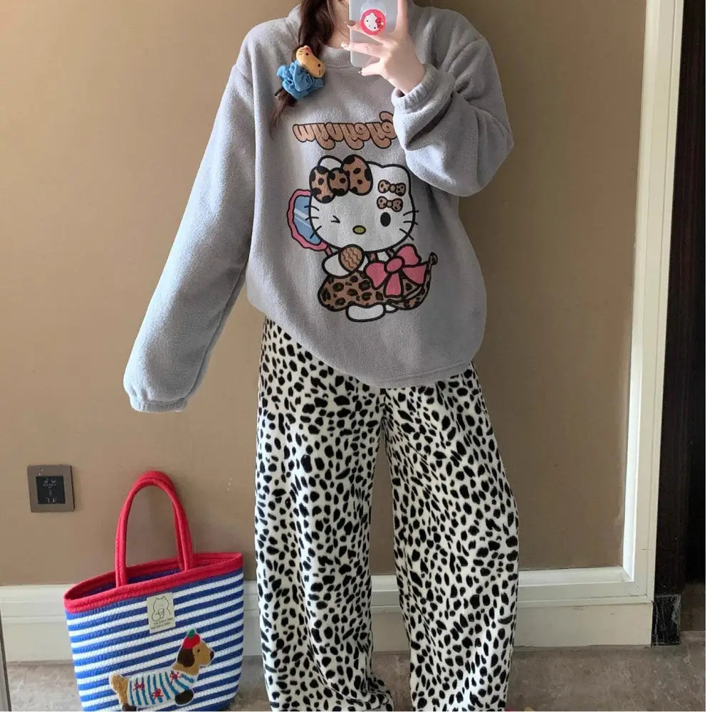 フリース パジャマ レディース 冬用 裏起毛 厚手 保温 カートゥーン サンゴフリース ルームウェア 可愛い ID3067 グレー / M