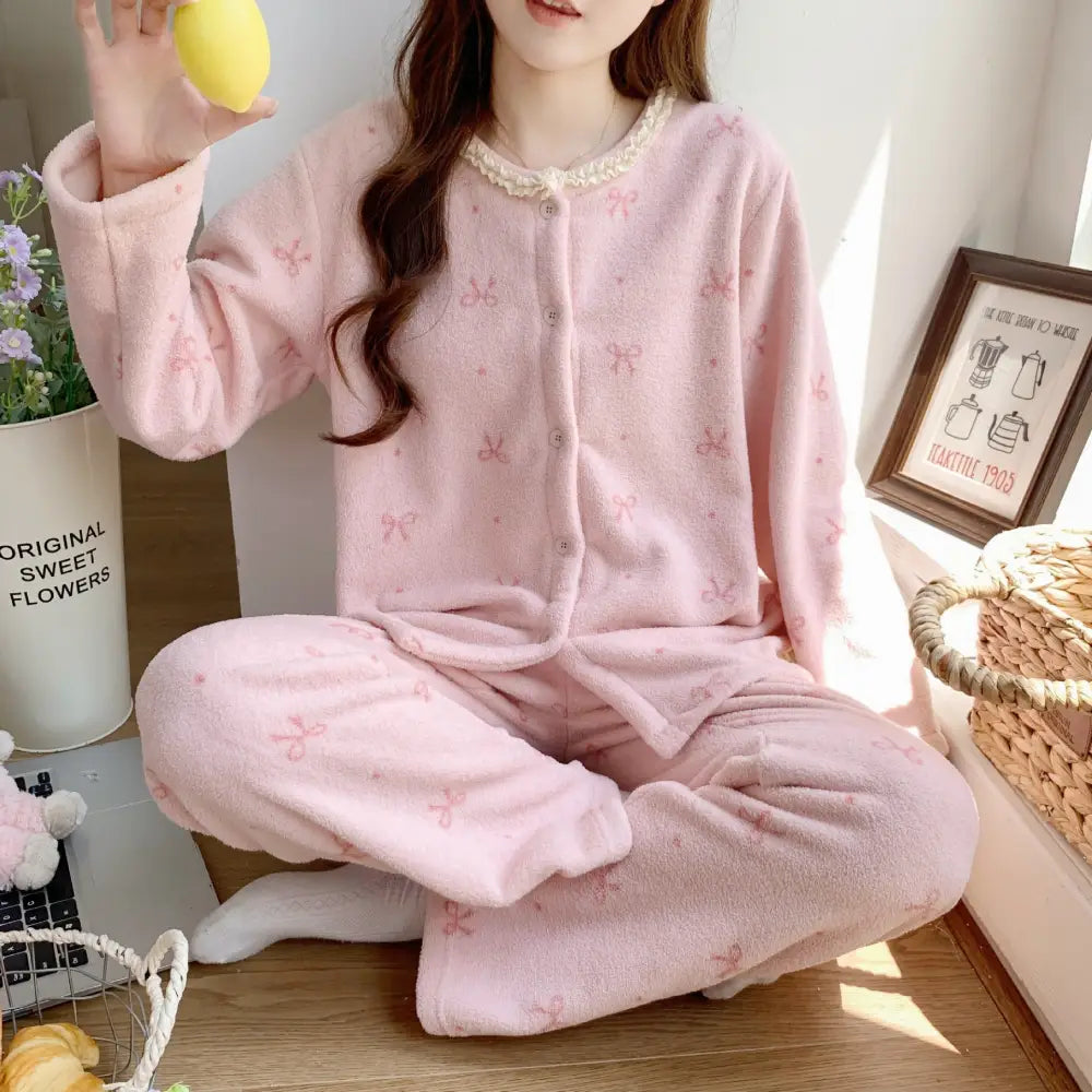 フリース パジャマ レディース 秋冬 シーズン 厚手 保温 シンプル スノー フリース 加フランネル ルームウェア セット ID2606 タイプ③ / M