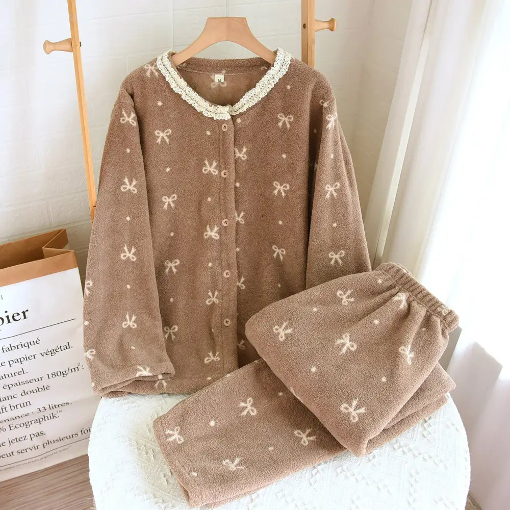 フリース パジャマ レディース 秋冬 シーズン 厚手 保温 シンプル スノー フリース 加フランネル ルームウェア セット ID2606 タイプ⑥ / M