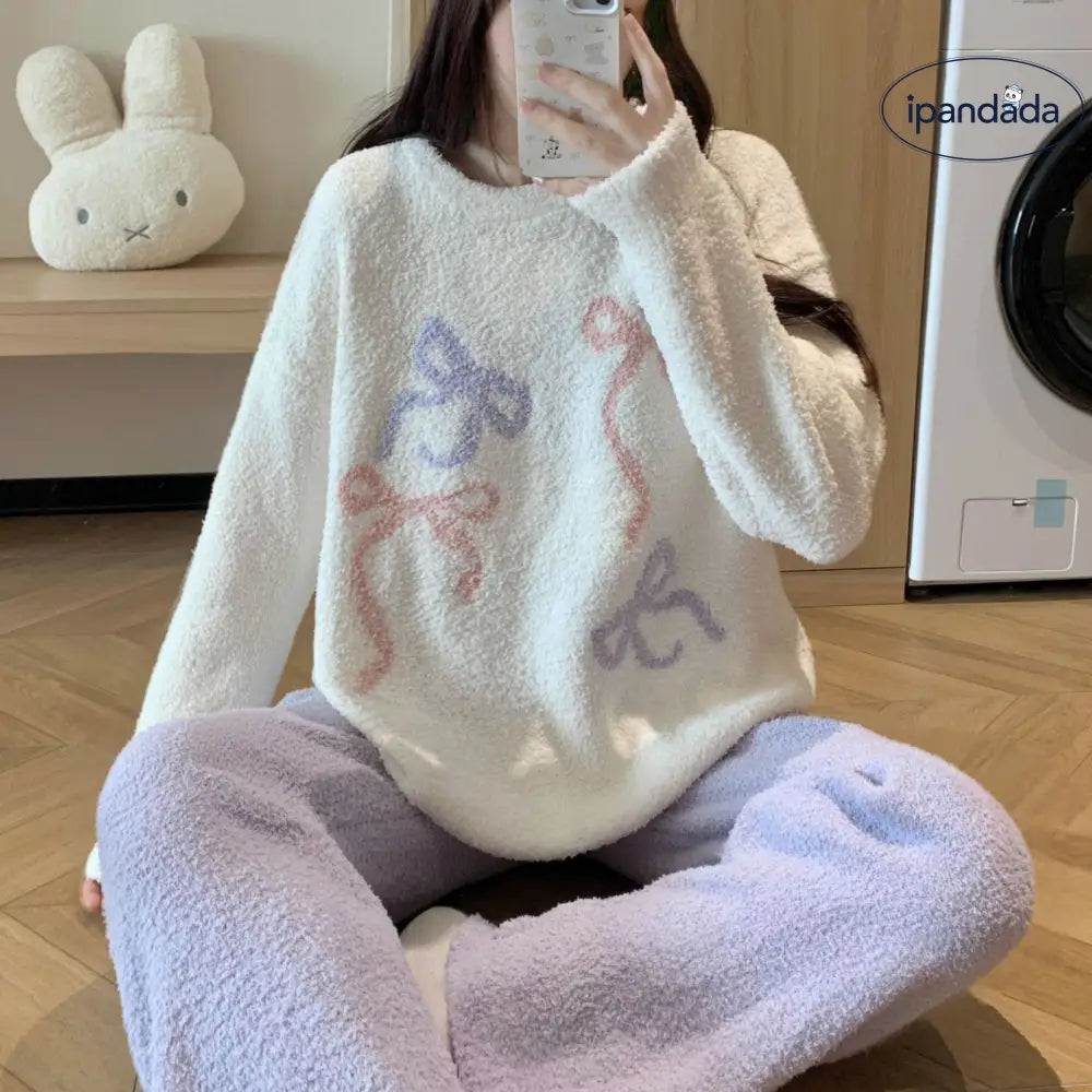 フリース パジャマ レディース 秋冬 加厚 保温 カートゥーン 蝶結び コーラル フリース ルームウェア セット ID2908