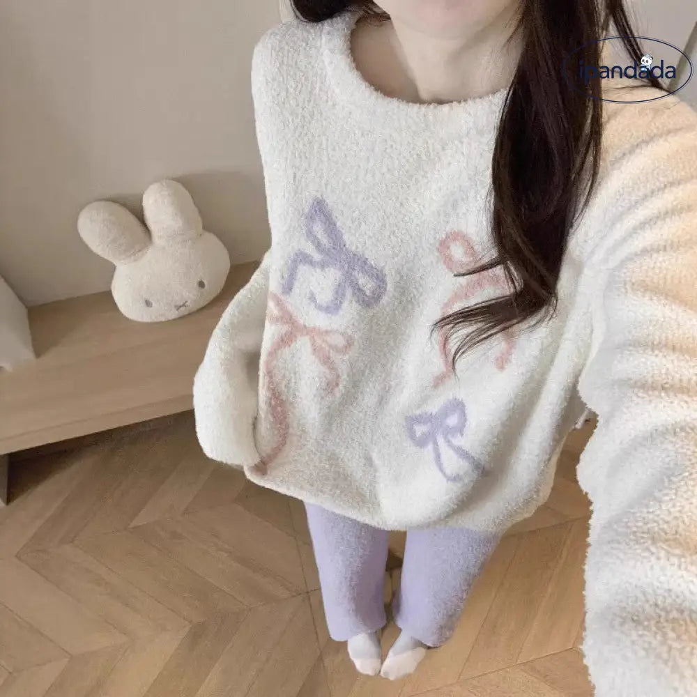 フリース パジャマ レディース 秋冬 加厚 保温 カートゥーン 蝶結び コーラル フリース ルームウェア セット ID2908