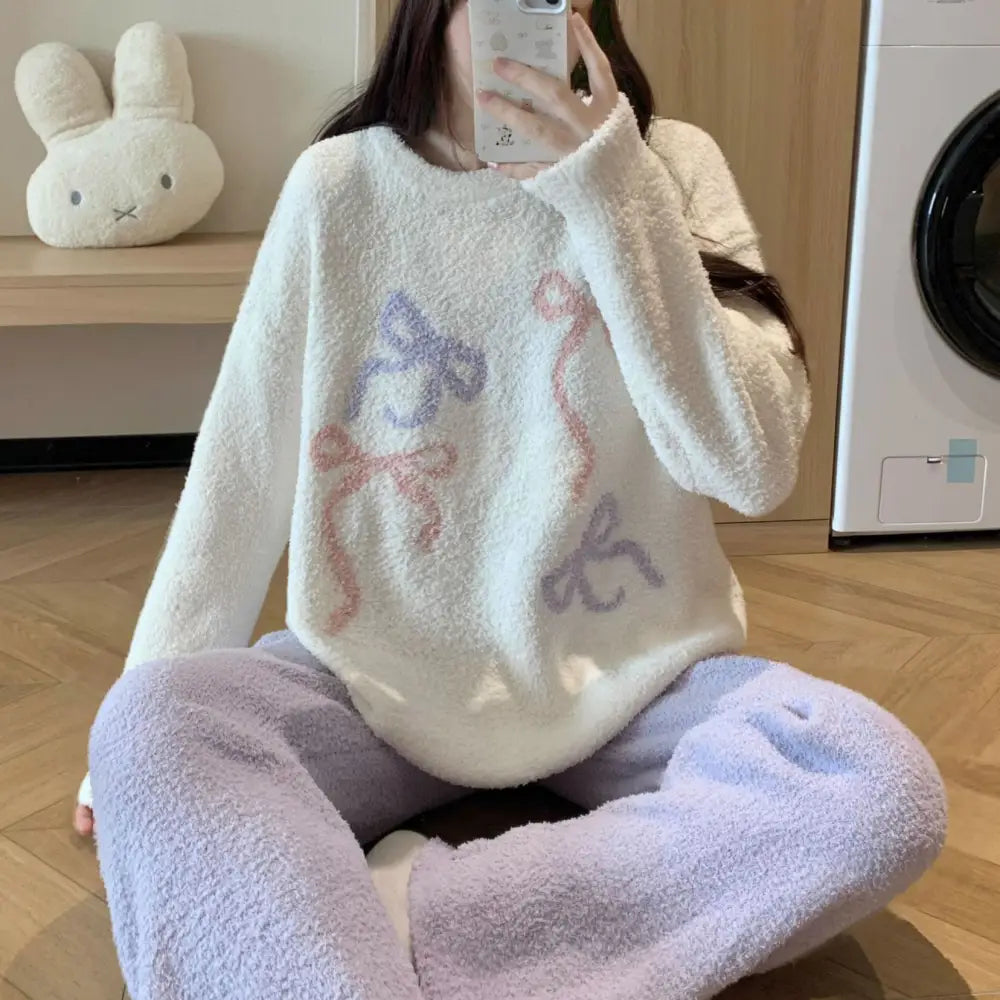 フリース パジャマ レディース 秋冬 加厚 保温 カートゥーン 蝶結び コーラル フリース ルームウェア セット ID2908 写真通り / M