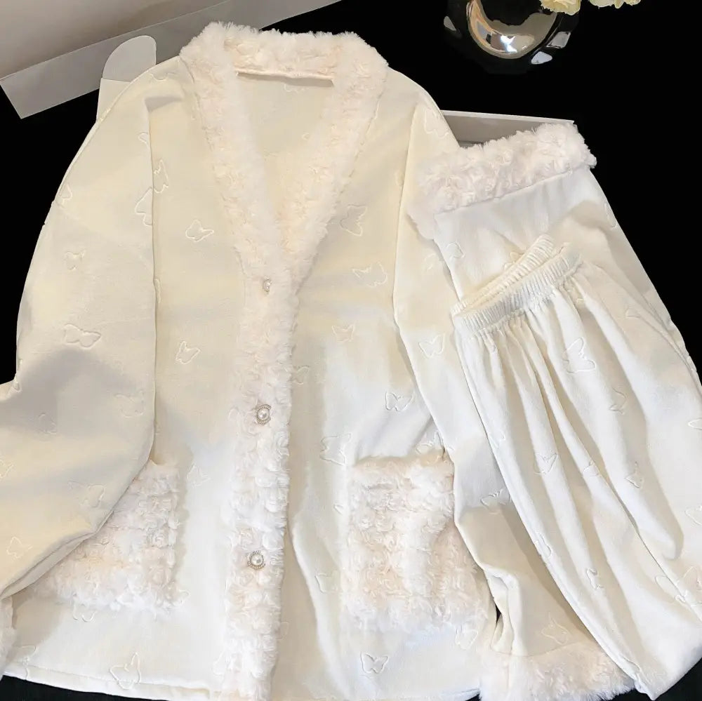 フリース リボン カーディガン パジャマ セット 秋冬 厚手 保温 ルームウェア 部屋着 肌触り最高 ID3995 ホワイト / M