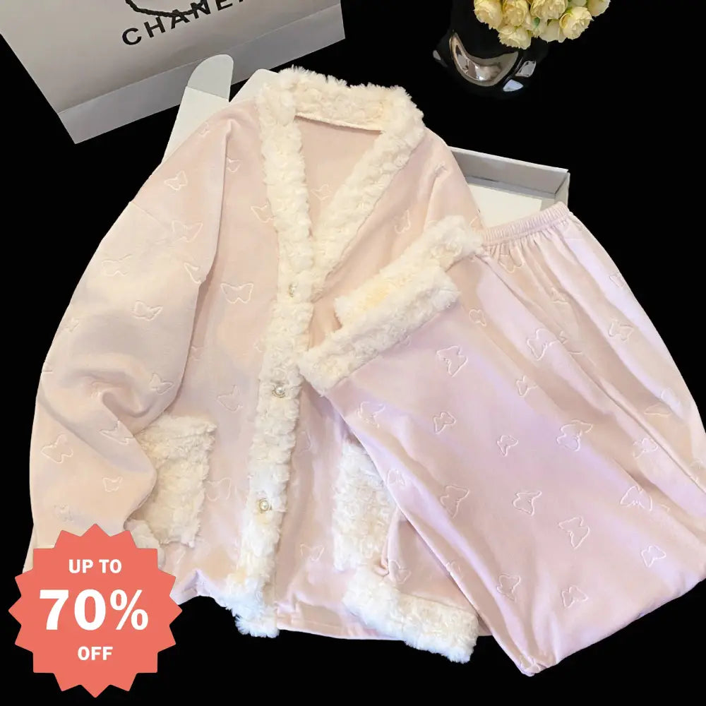 フリース リボン カーディガン パジャマ セット 秋冬 厚手 保温 ルームウェア 部屋着 肌触り最高 ID3995 ピンク / M