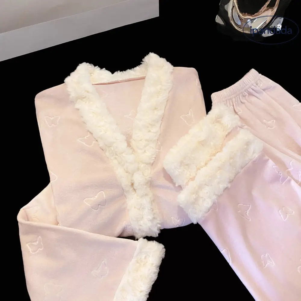 フリース リボン カーディガン パジャマ セット 秋冬 厚手 保温 ルームウェア 部屋着 肌触り最高 ID3995