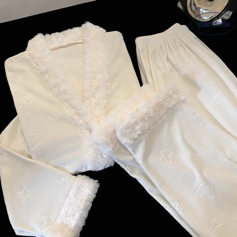 フリース リボン カーディガン パジャマ セット 秋冬 厚手 保温 ルームウェア 部屋着 肌触り最高 ID3995