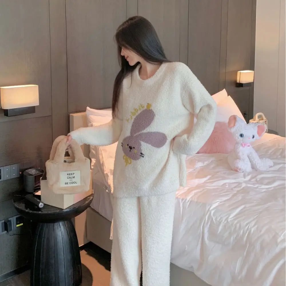 フリース ルームウェア 可愛い クマ ソフト レディース パジャマ セット ID3631 ウサギ / フリー