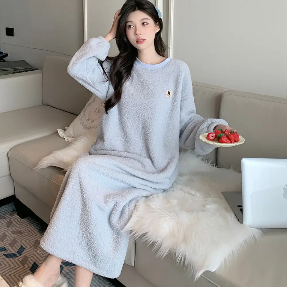 フリース 睡眠ドレス レディース 冬季 起毛 厚手 パジャマ ゆったり 大きいサイズ ロングドレス フランネル ルームウェア ID2639 ブルー / M