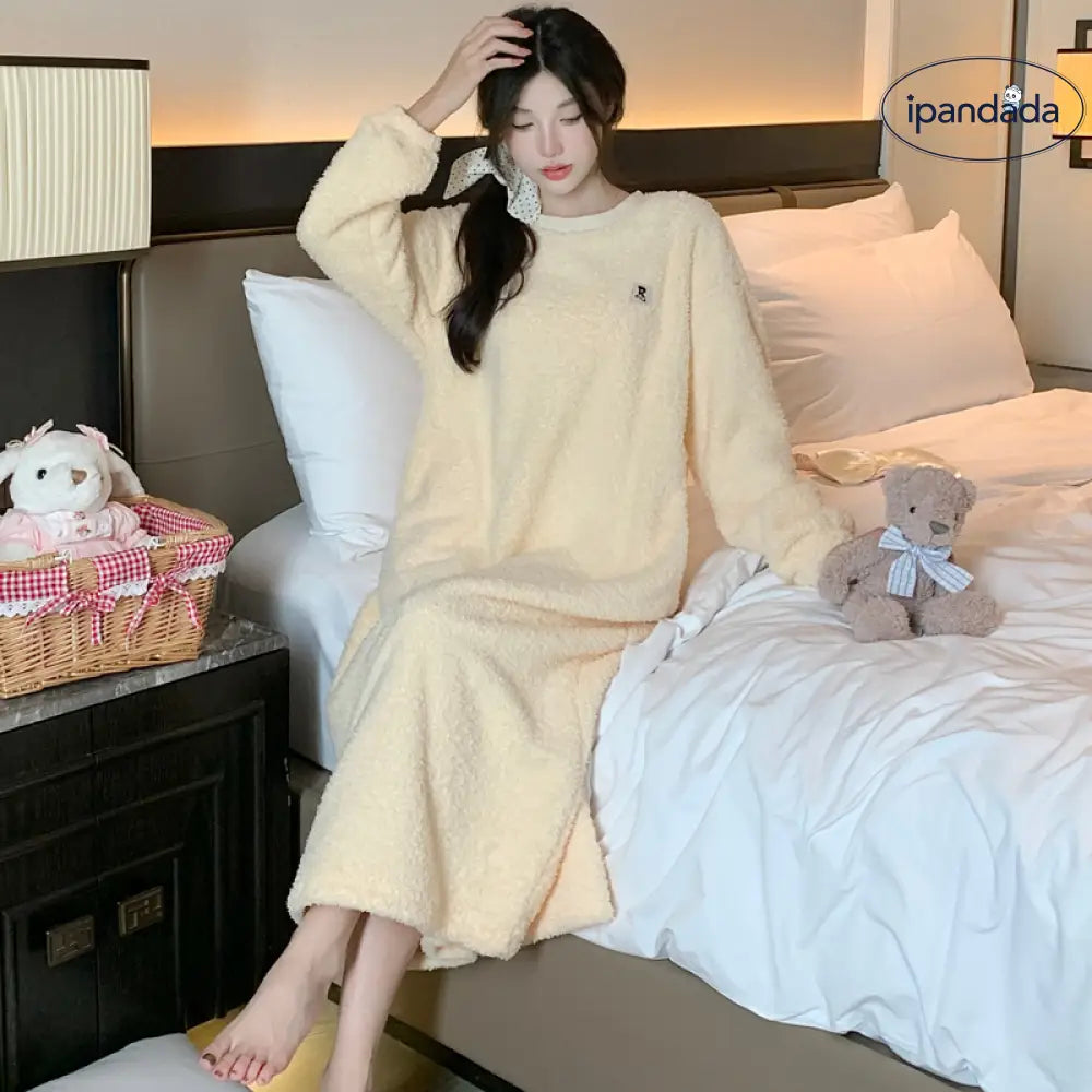 フリース 睡眠ドレス レディース 冬季 起毛 厚手 パジャマ ゆったり 大きいサイズ ロングドレス フランネル ルームウェア ID2639