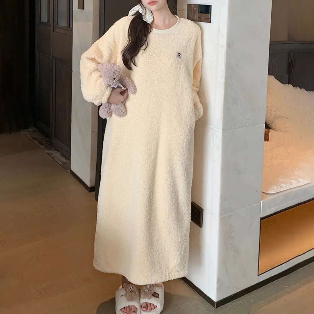 フリース 睡眠ドレス レディース 冬季 起毛 厚手 パジャマ ゆったり 大きいサイズ ロングドレス フランネル ルームウェア ID2639