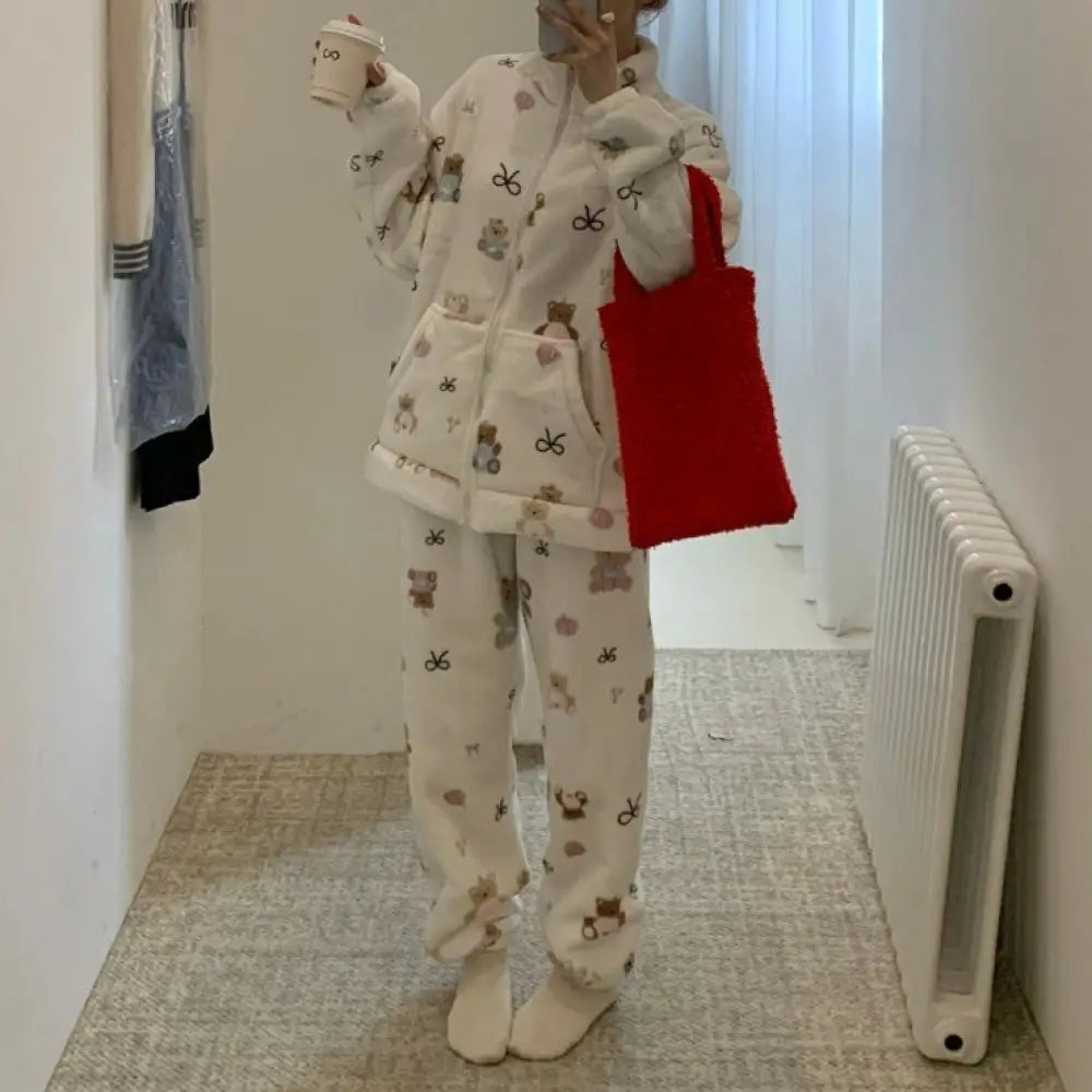 フリース 睡衣 セット 女性 秋冬 カートゥーン デザイン ヘア ウェア 暖かい 厚手 2点セット 部屋着 ゆったり ID2737 タイプ② / M レディース＞セットアップ