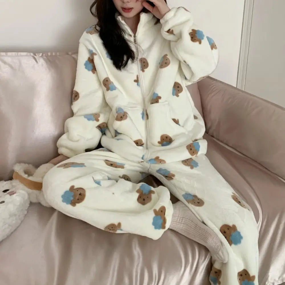 フリース 睡衣 セット 女性 秋冬 カートゥーン デザイン ヘア ウェア 暖かい 厚手 2点セット 部屋着 ゆったり ID2737 タイプ⑥ / M レディース＞セットアップ