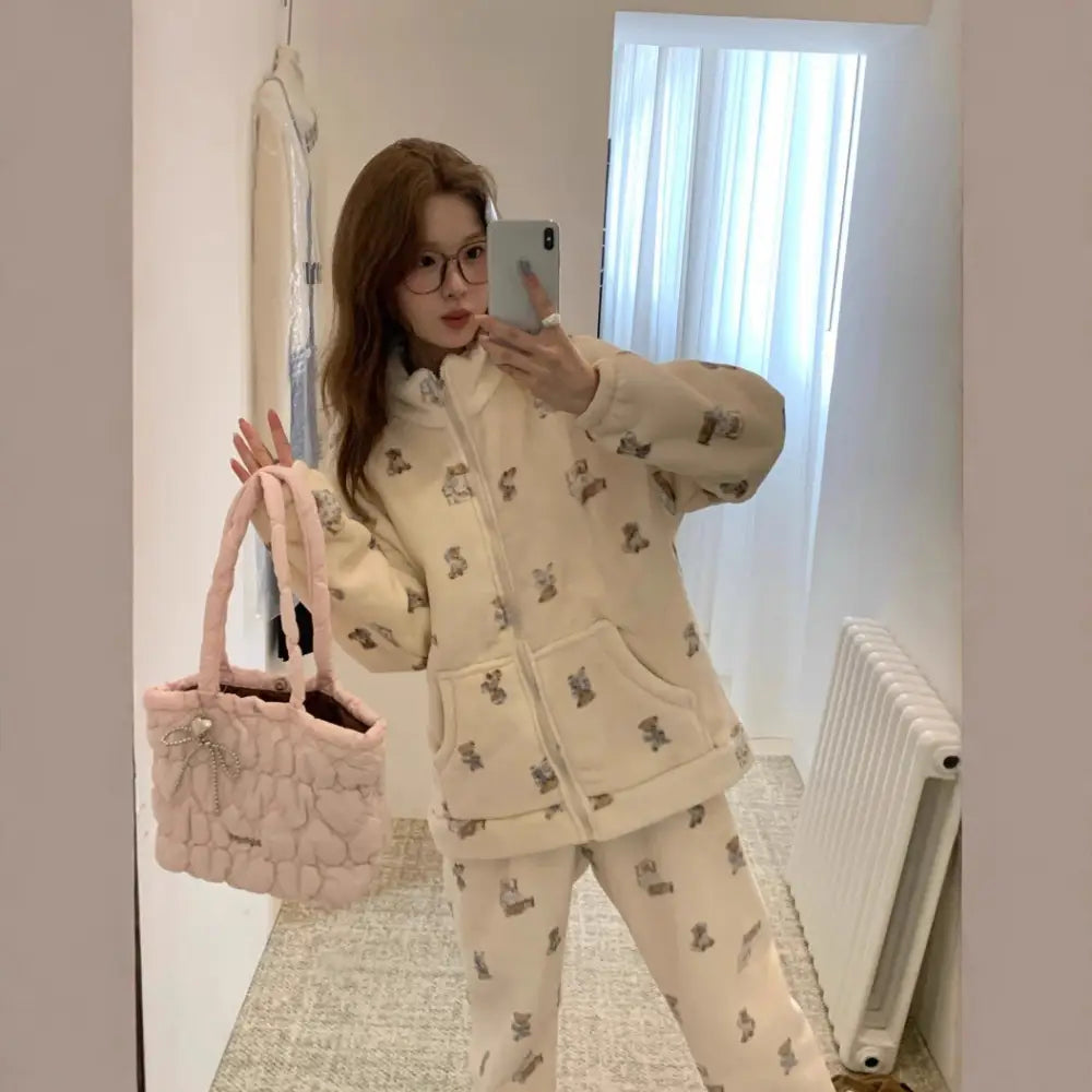 フリース 睡衣 セット 女性 秋冬 カートゥーン デザイン ヘア ウェア 暖かい 厚手 2点セット 部屋着 ゆったり ID2737 タイプ④ / M レディース＞セットアップ